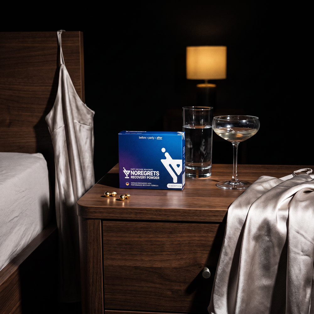 NOREGRETS Recovery Powder on a bedside table next to a glass of water